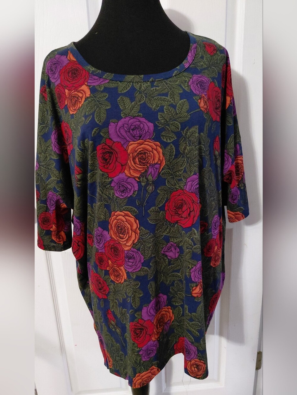 Women's Scoop Neck Floral Tunic in Navy with Red, Orange & Purple Roses